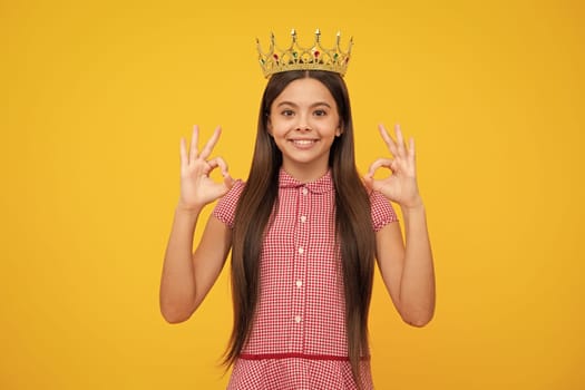 Girls party, funny kid in crown. Child queen wear diadem tiara. Cute little princess portrait