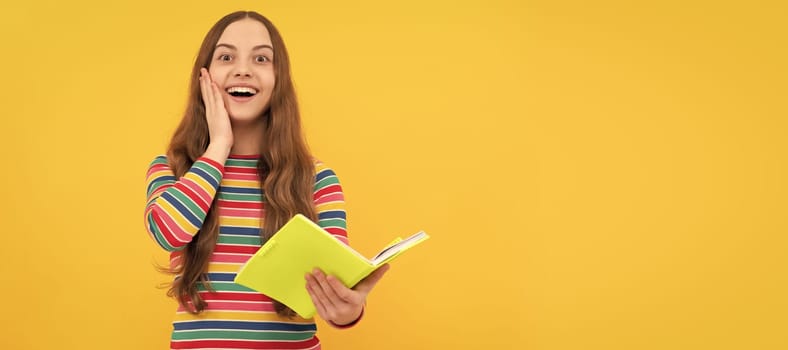 Ready to study. Happy girl hold book. Childs study. Portrait of schoolgirl student, studio banner header. School child face, copyspace