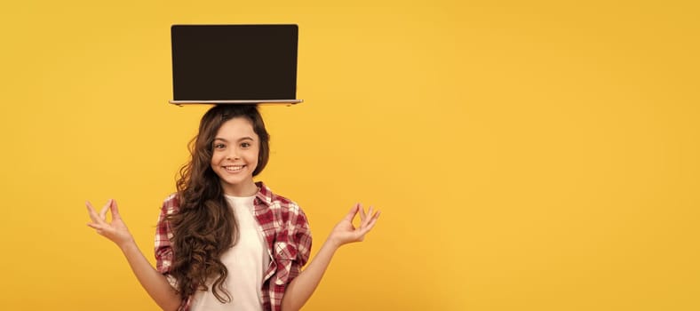 happy smart teen girl meditating with laptop on head presenting school online lesson, estudy.