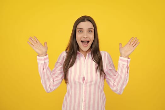 Surprised astonished young woman with open mouth. Portrait of excited amazed gasping girl. Expressive facial expressions