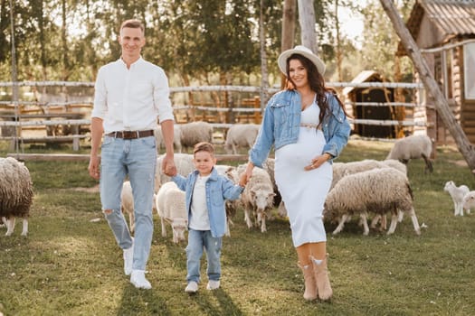 Stylish family in summer on a village farm with sheep.