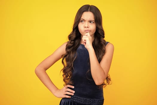 Thinking face, thoughtful emotions of teenager girl. Little kid girl 12,13, 14 years old on isolated background. Children studio portrait. Emotional kids face