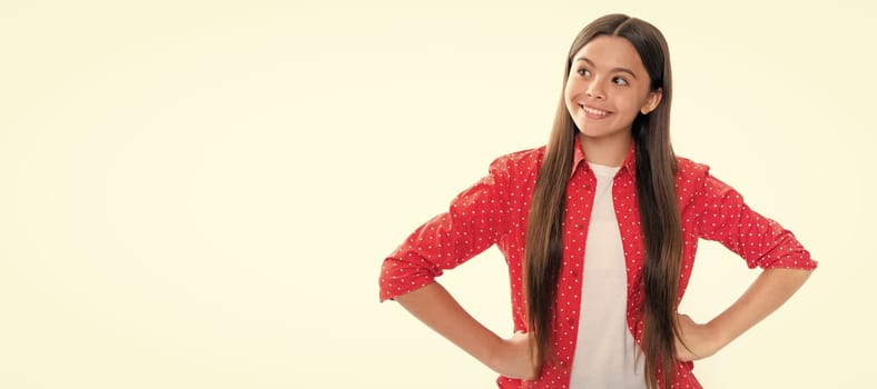 Portrait of happy smiling teenage child girl. Pretty teenage girl in white studio background. Child girl portrait. Child face, horizontal poster, teenager girl isolated portrait, banner with copy space