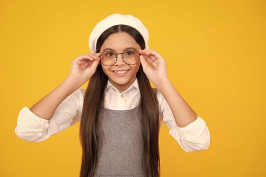 Happy face, positive and smiling emotions of teenager girl. Teenager child with poor eyesight wear eyeglasses, looking squinting. Kids glasses