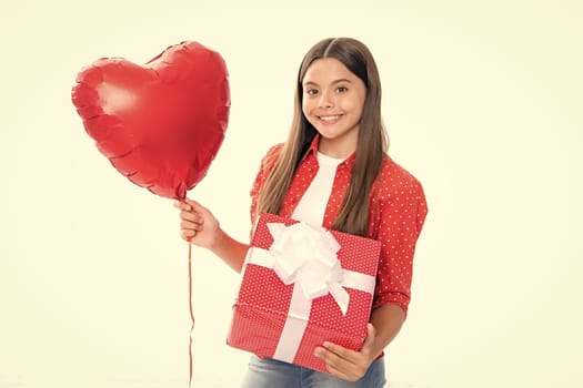 Love valentines day. Cute teenager child girl congratulate with valentines day, giving romantic gift box. Present, greeting and gifting concept. Birthday holiday concept