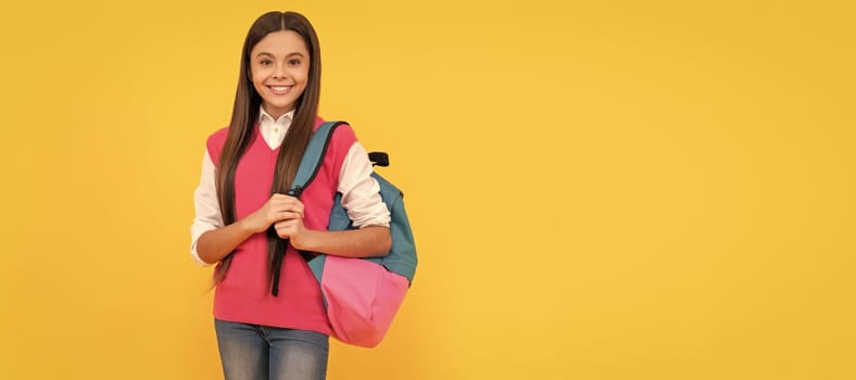 1 of september. childhood happiness. back to school. cheerful kid with school bag. Banner of school girl student. Schoolgirl pupil portrait with copy space