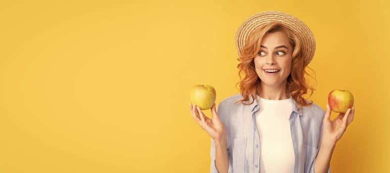 Woman isolated face portrait, banner with mock up copy space. natural organic fresh apple. healthy life. diet and skin beauty. dental care. lunch break. Summer female model with apple