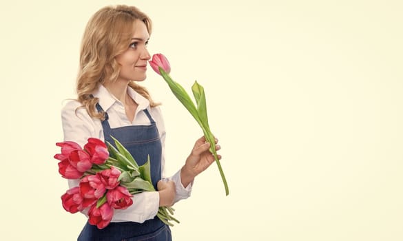 happy young woman in apron smell spring tulip flowers isolated on white background.