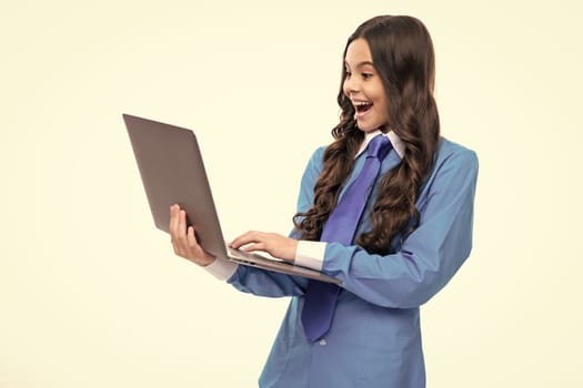 Student school girl with laptop on isolated studio background. Video online webinar, learn on laptop, elearning lesson, pc computer call