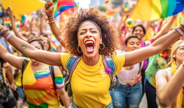 woman at lgbt pride parade, made with Generative AI. High quality illustration