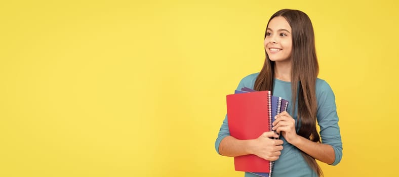 high school. back to school. teen girl ready for studying. childhood happiness. Banner of school girl student. Schoolgirl pupil portrait with copy space