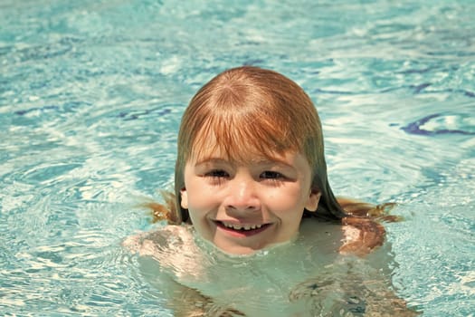 Child in swimming pool. Summer kids activity. Healthy lifestyle