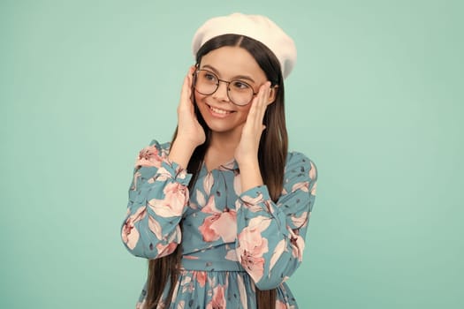 Happy teenager, positive and smiling emotions. Little kid girl 12,13, 14 years old on isolated background. Children studio portrait. Emotional kids face