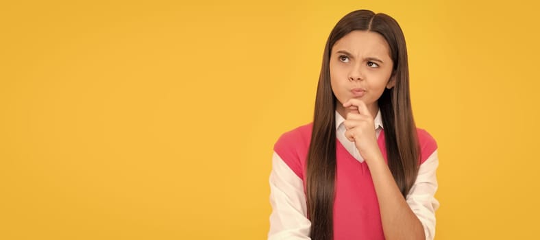 thinking teen school girl with long hair on yellow background, decision. Child face, horizontal poster, teenager girl isolated portrait, banner with copy space