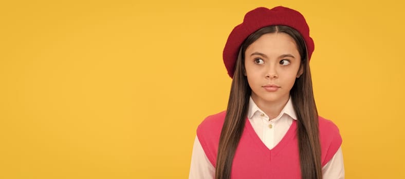 kid looking away. serious kid in beret. child has long hair. skin beauty. tween and youth. Child face, horizontal poster, teenager girl isolated portrait, banner with copy space