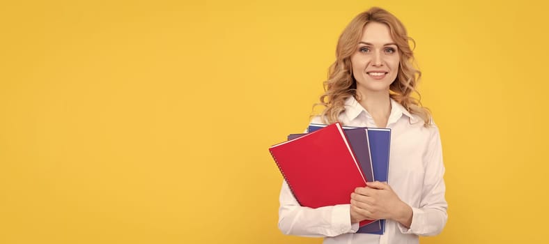 Business woman with book. school teacher. business casual style. girl white collar hold notepad. executive assistant. Woman isolated face portrait, banner with mock up copy space