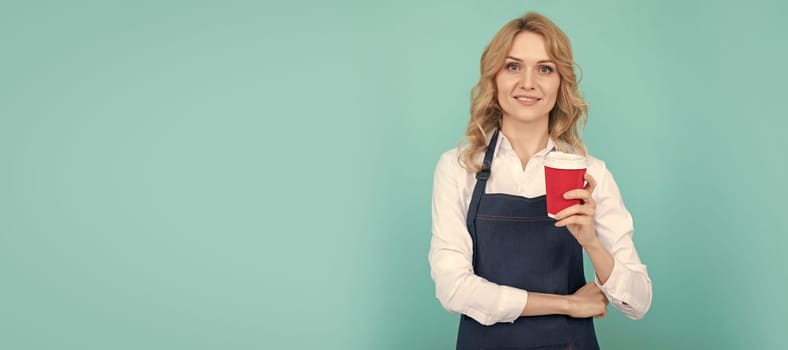 happy woman barista in cook apron drink takeaway coffee, morning. Woman isolated face portrait, banner with mock up copy space