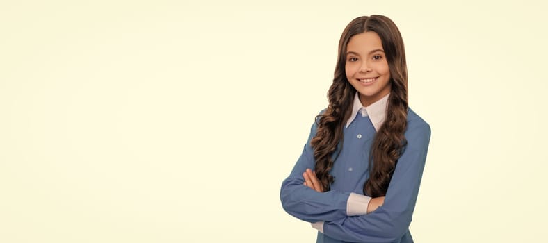 portrait of happy child isolate on white background. express positive emotions. Child face, horizontal poster, teenager girl isolated portrait, banner with copy space