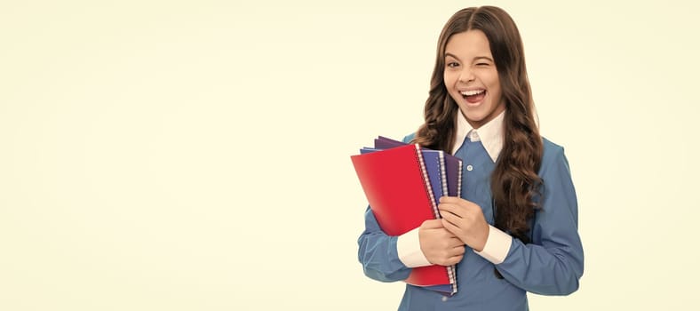 childhood development. kid with homework. teenager student isolated on white. Portrait of schoolgirl student, studio banner header. School child face, copyspace