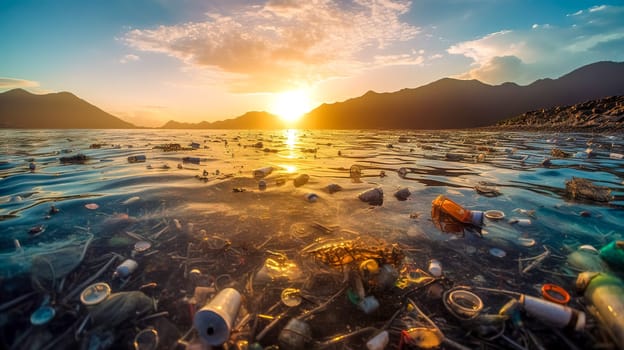 plastic waste in ocean waters, global pollution of the planet, made with Generative AI. High quality illustration
