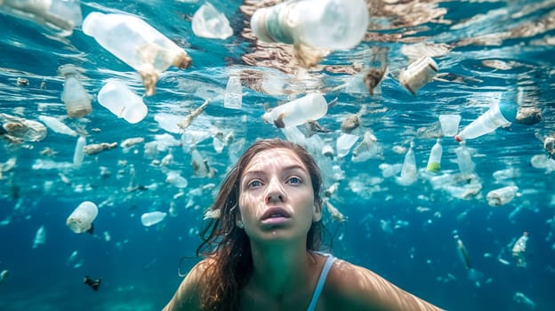 plastic waste in ocean waters, global pollution of the planet, made with Generative AI. High quality illustration