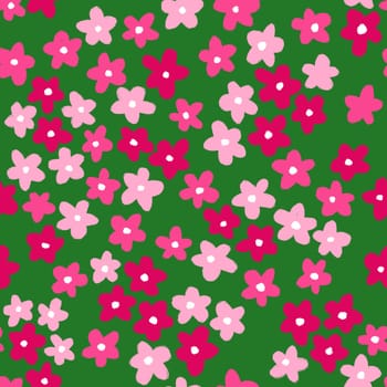 Hand drawn seamless pattern with pink green shabby chic flower floral elements lines dots leaves, ditsy summer spring botanical nature print, bloom blossom stylized petals