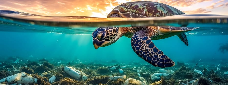 plastic waste in ocean waters, global pollution of the planet, made with Generative AI. High quality illustration