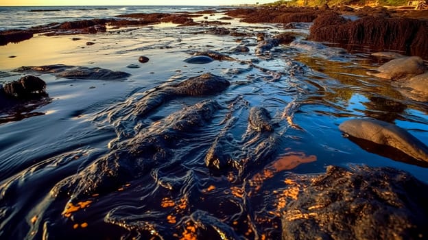 water polluted by oil, ecological disaster, made with Generative AI. High quality illustration