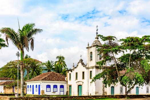 Historic church and houses on historic street in the city of Paraty on the coast of the state of Rio de Janeiro