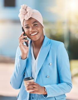 Portrait, phone call and black woman with coffee in city for communication with business contact. African professional, face and smile with smartphone for conversation, discussion or talking outdoor