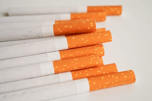 Cigarette, roll tobacco in paper with filter tube, No smoking concept.