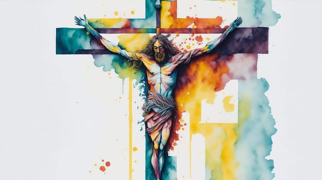 Jesus Christ crucified on cross in abstract watercolor on white background.Generative ai.