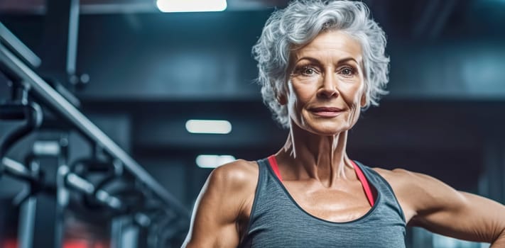fitness senior woman in gym, concept of healthy lifestyle in advanced age, made with Generative AI. High quality illustration