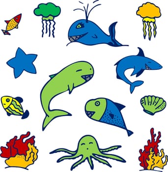 Set of cartoon fish, seashell, starfish, jellyfish and coral. Isolated objects on white background. Inhabitants of the underwater world for game, app, banner, swimming pool, print, kids and stickers.