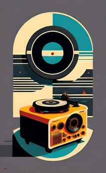 Artistic bright poster on the wall for printing in large format. A stylized poster from an old music player on vinyl discs. AI generated