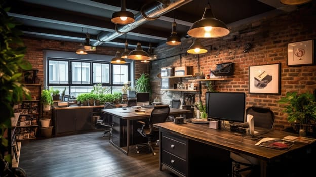 Inspiring office interior design Industrial style Office featuring Exposed bricks architecture. Generative AI AIG 31.