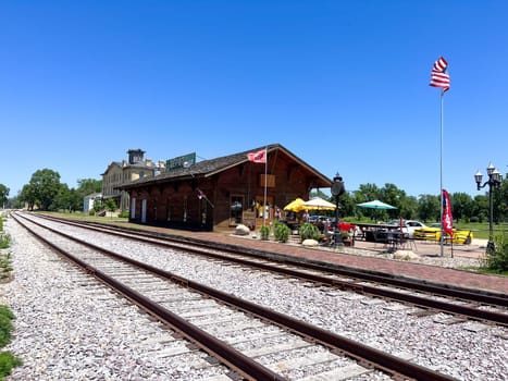 Prarie Du Chien, Wisconsin, July 16 2022: Old heritage buildings around the historic rail road in Prarie Du Chien. Local lunch spot and for tourists alike. . High quality photo