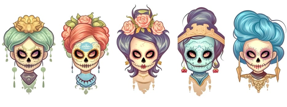 Set of sugar skull makeup women with flowers on white background, banner made with Generative AI. High quality illustration