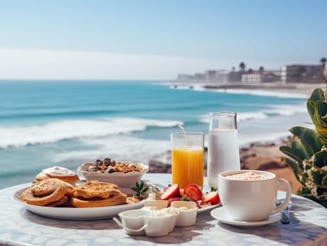 Delicious breakfast with coffee, orange juice, waffles, pancakes, fruits, sauces, and salad with sea view in the background. Generative AI.