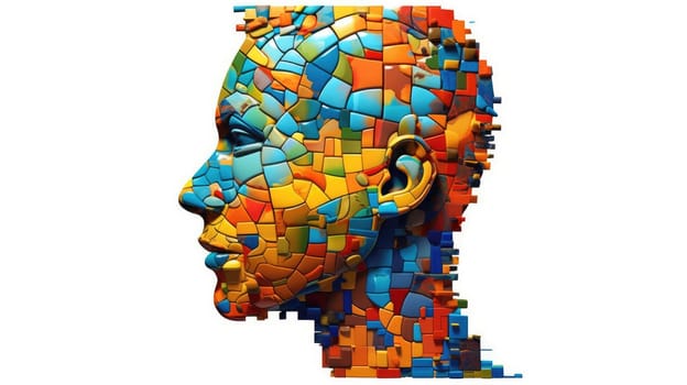 Abstract human head made of unsolved puzzle pieces, maximalism, psychology, brain, neurosis, compulsive. Generative AI image weber.