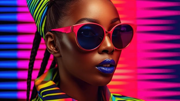 Young african female model posing with trendy fashion outfit and colorful glowing vibrant green and pink optical art abstract background. Picturesque generative AI