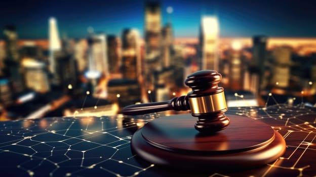 A wooden gavel of law on a table top with the night scene digital city skyline with graphic of network connection in blur background. beautiful Generative AI AIG32