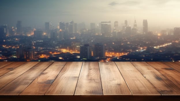 The empty wooden table top with blur background of cityscape. Exuberant image.