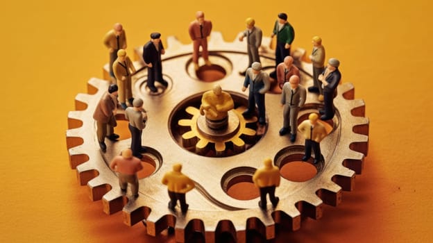 Miniature business people connecting many gears, top view, concept of teamwork. Generative AI image weber.