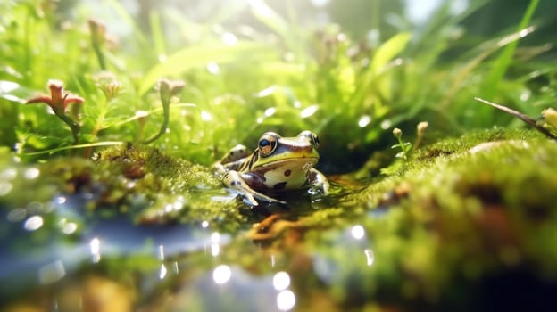 photo of a frog, macro photography , stream of fresh water, young green plant, outdoor springtime. beautiful Generative AI AIG32