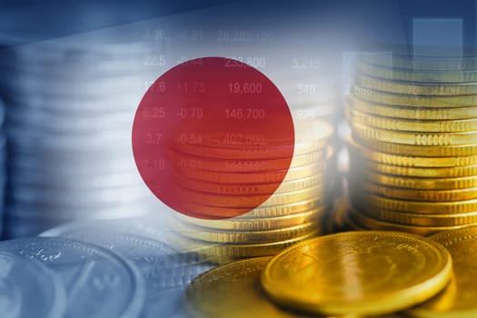 Japan flag with stock market finance, economy trend graph digital technology.