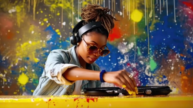 candid an excited DJ young african woman mixing music at turntables with headphones. beautiful Generative AI AIG32