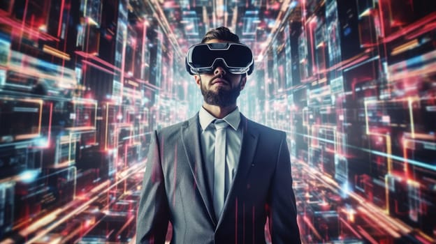 Businessman wearing virtual reality with digital big data transfer from brain to buzzy software showing futuristic technology generative AI image