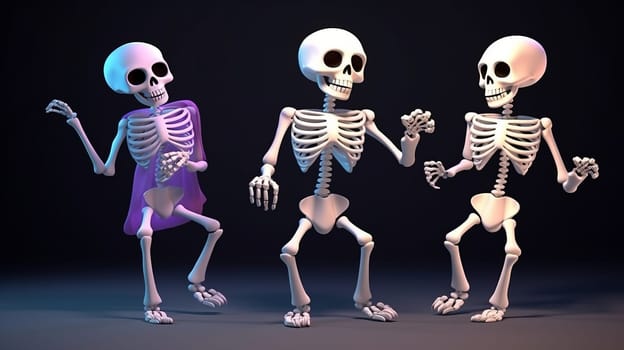 Three happy dancing white skeletons on a black background. Ai generative