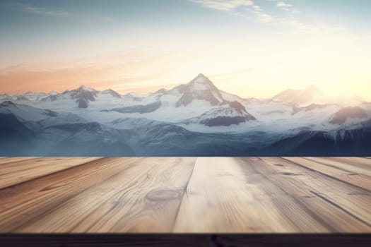Empty brown wooden table top against winter snowy high mountains on sunset. Montage style to dispaly the product.Ai generative